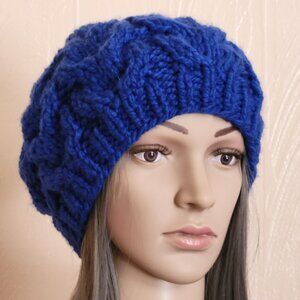 Chunky Knit Beret, French Beret, Slouchy Beanie, Cable Knit Hat, Royal Blue